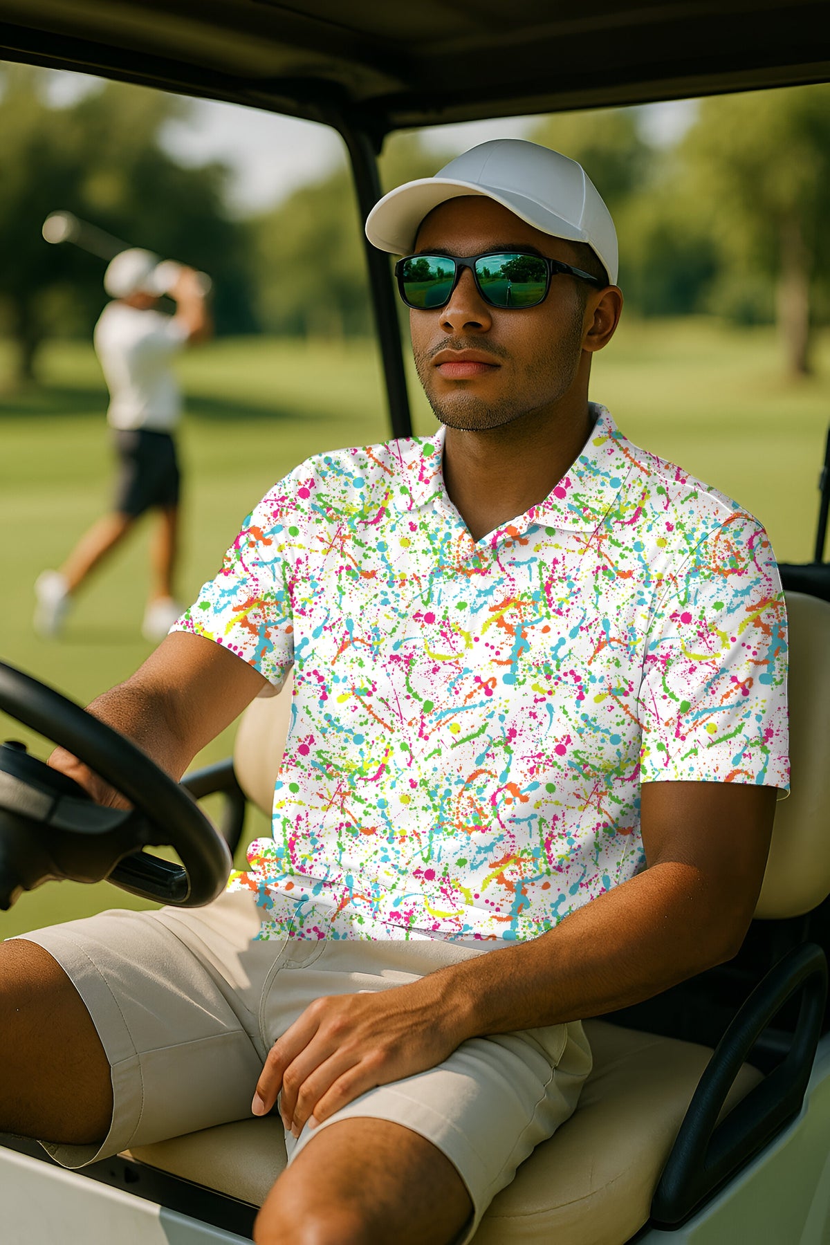 Paint Splatter Performance Print Polo worn on the golf course