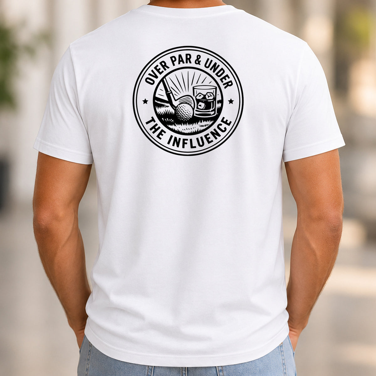 Over Par & Under The Influence Back Print Tee worn, White