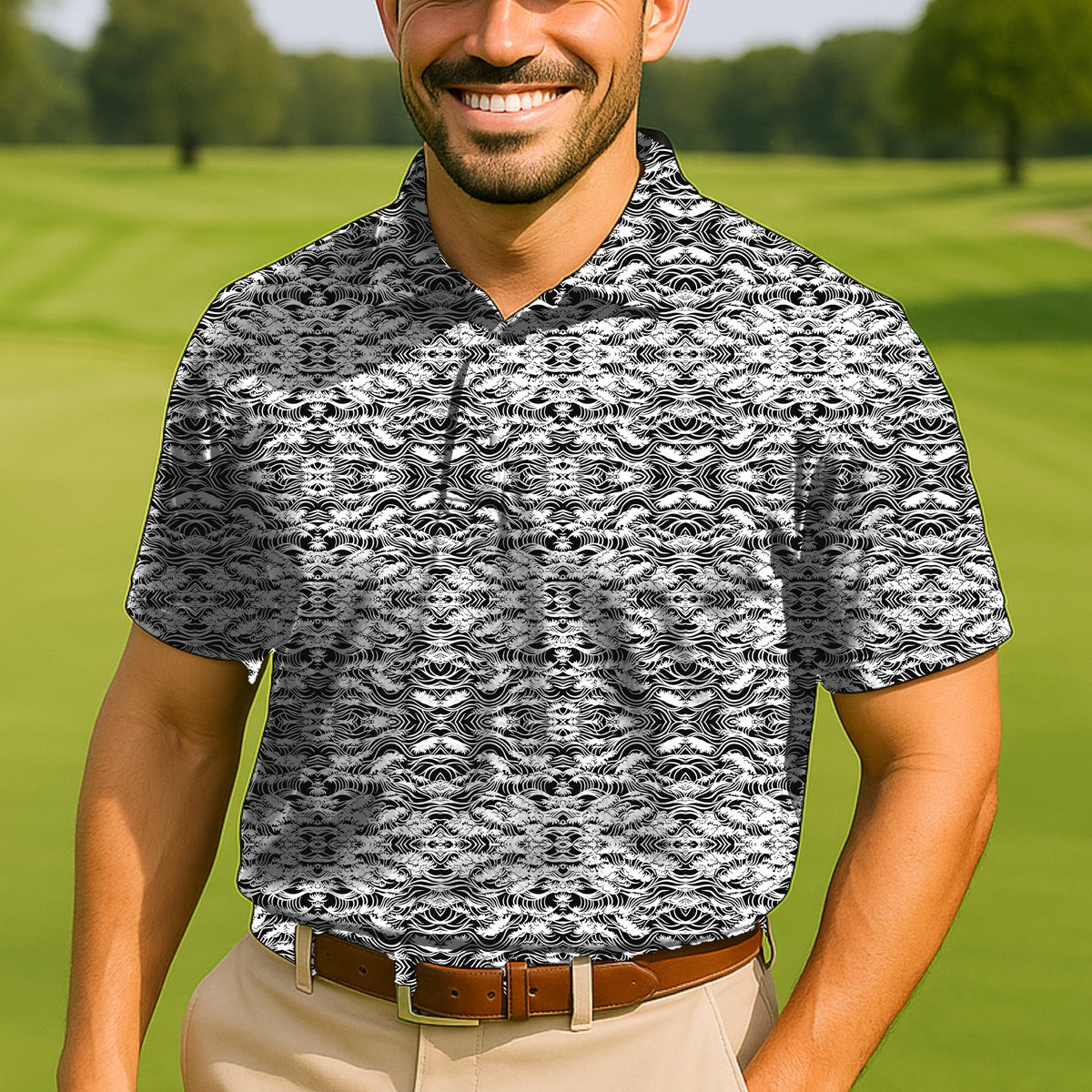 Great Wave Ink Performance Print Polo worn on the golf course