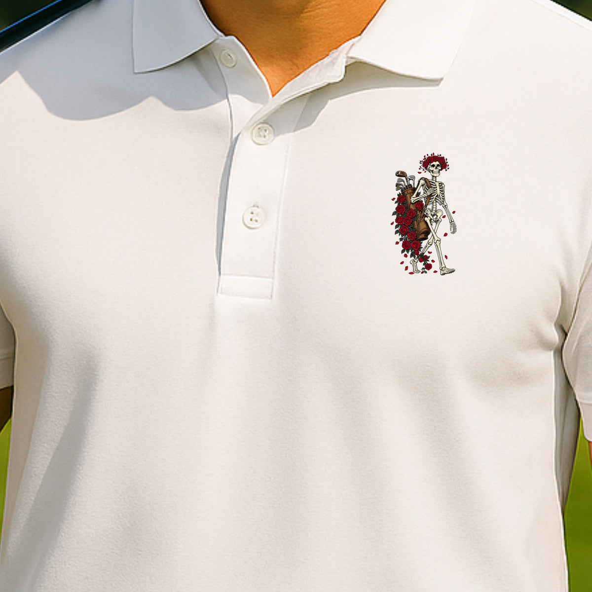 Skeleton Caddie Performance Polo worn on the golf course, White