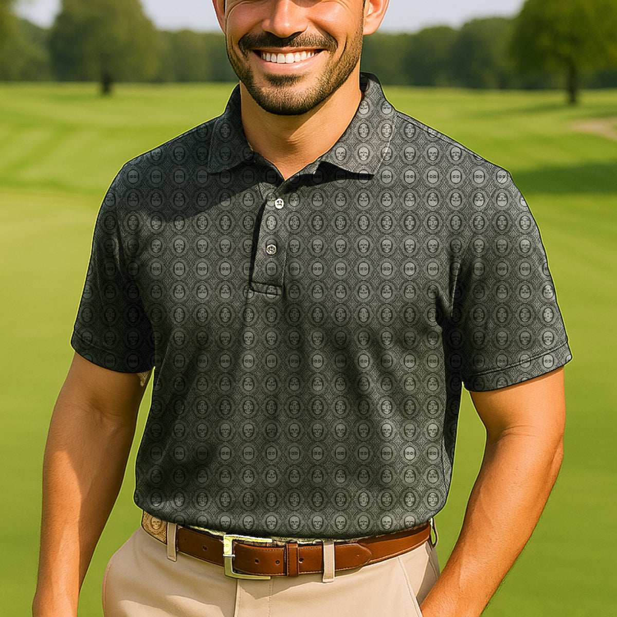 Gothic Frames Performance Print Polo worn on the golf course