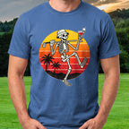 Martini Skeleton Strut Sunset Tee worn on the golf course, Royal