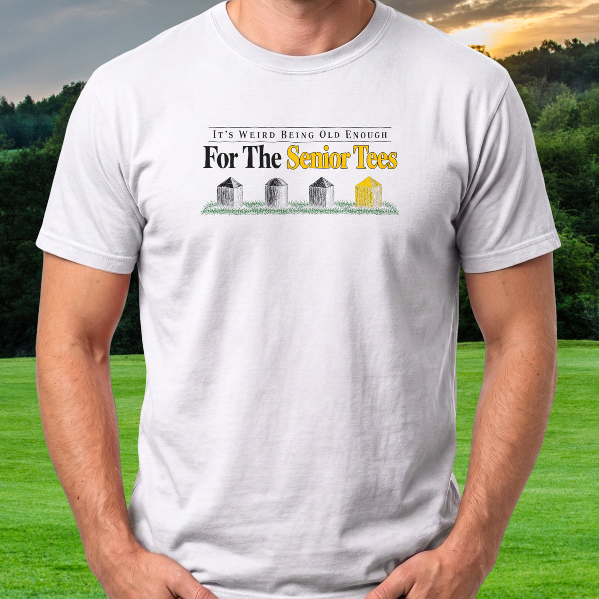 Old Enough For The Senior Tees Tee worn on the golf course, White