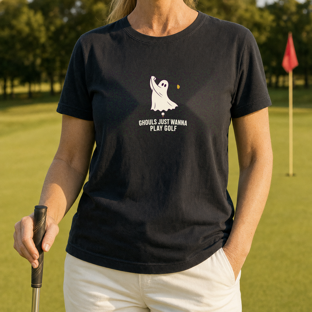Ghouls Just Wanna Play Golf Tee worn on the golf course, Black