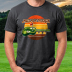 Meet Me At The Creek Retro Sunset Tee worn on the golf course, Black