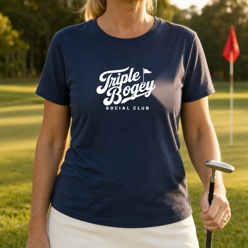 Triple Bogey Social Club Tee worn on the golf course, Navy