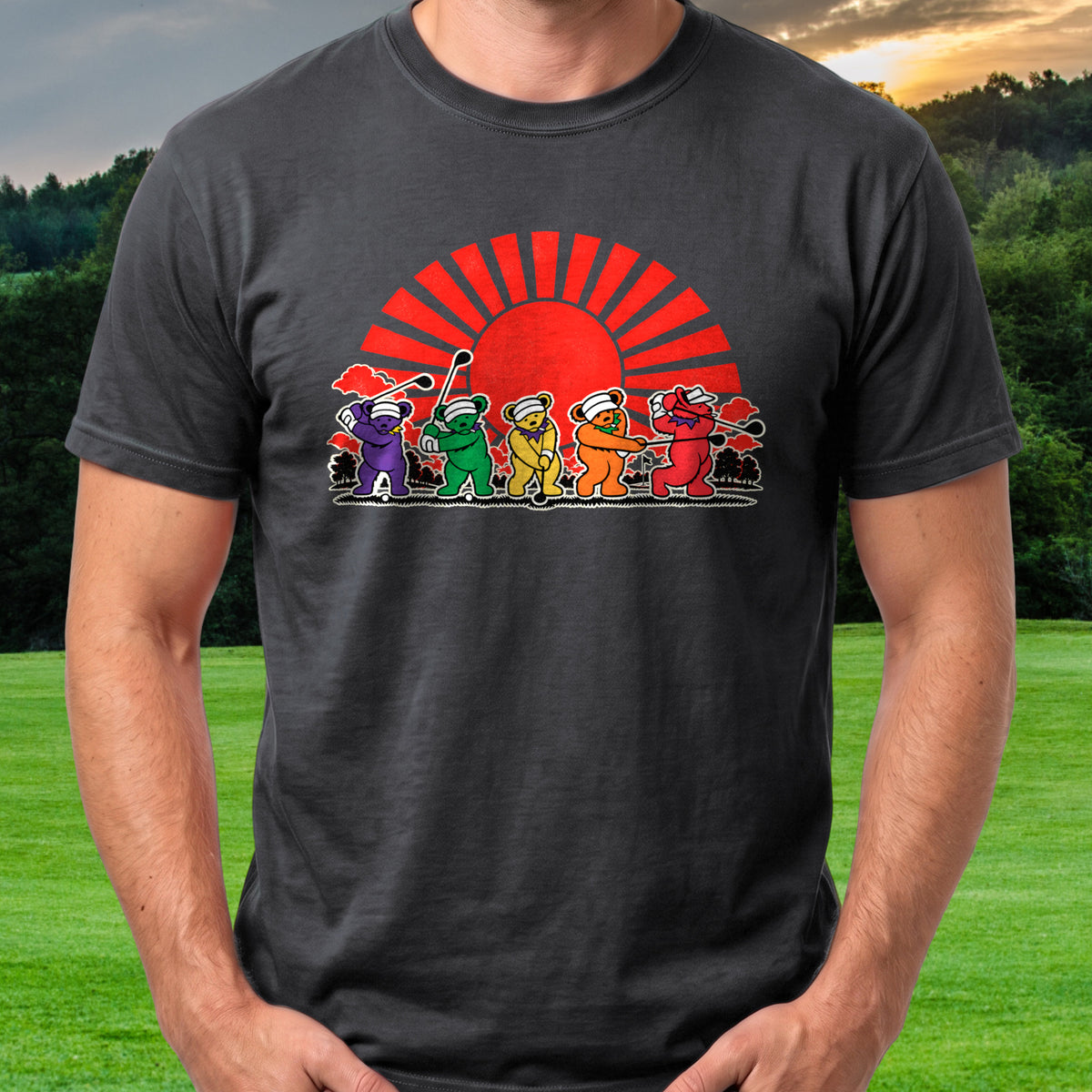 Golf Swing Bears Red Sun Premium Tee worn on the golf course, Black