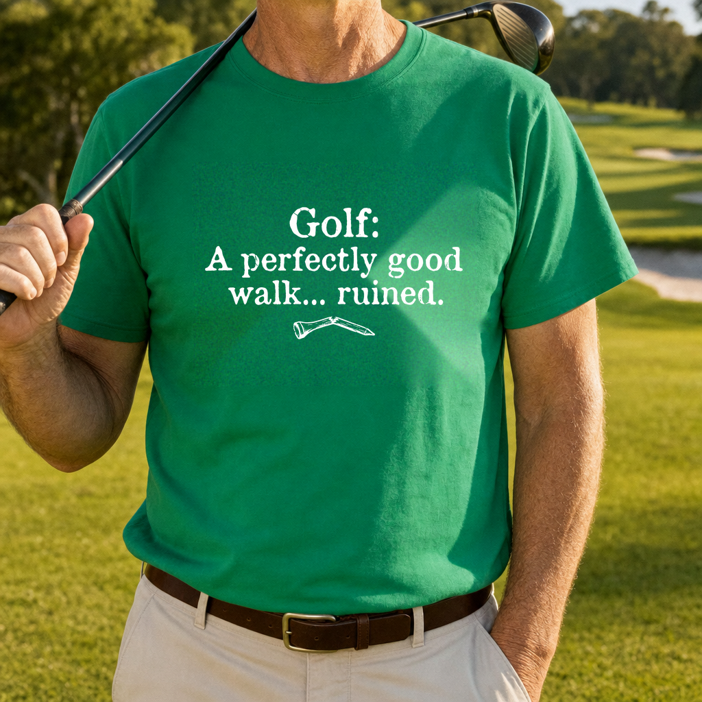 A Good Walk Ruined Tee worn on the golf course, Irish Green