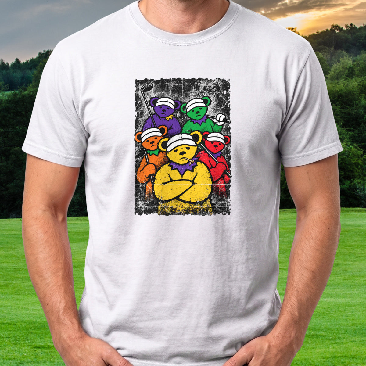 Golf Swing Bears Gang Portrait Tee worn on the golf course, White