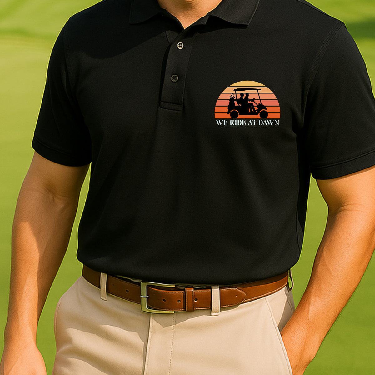 We Ride At Dawn Sunrise Performance Polo worn on the golf course, Black