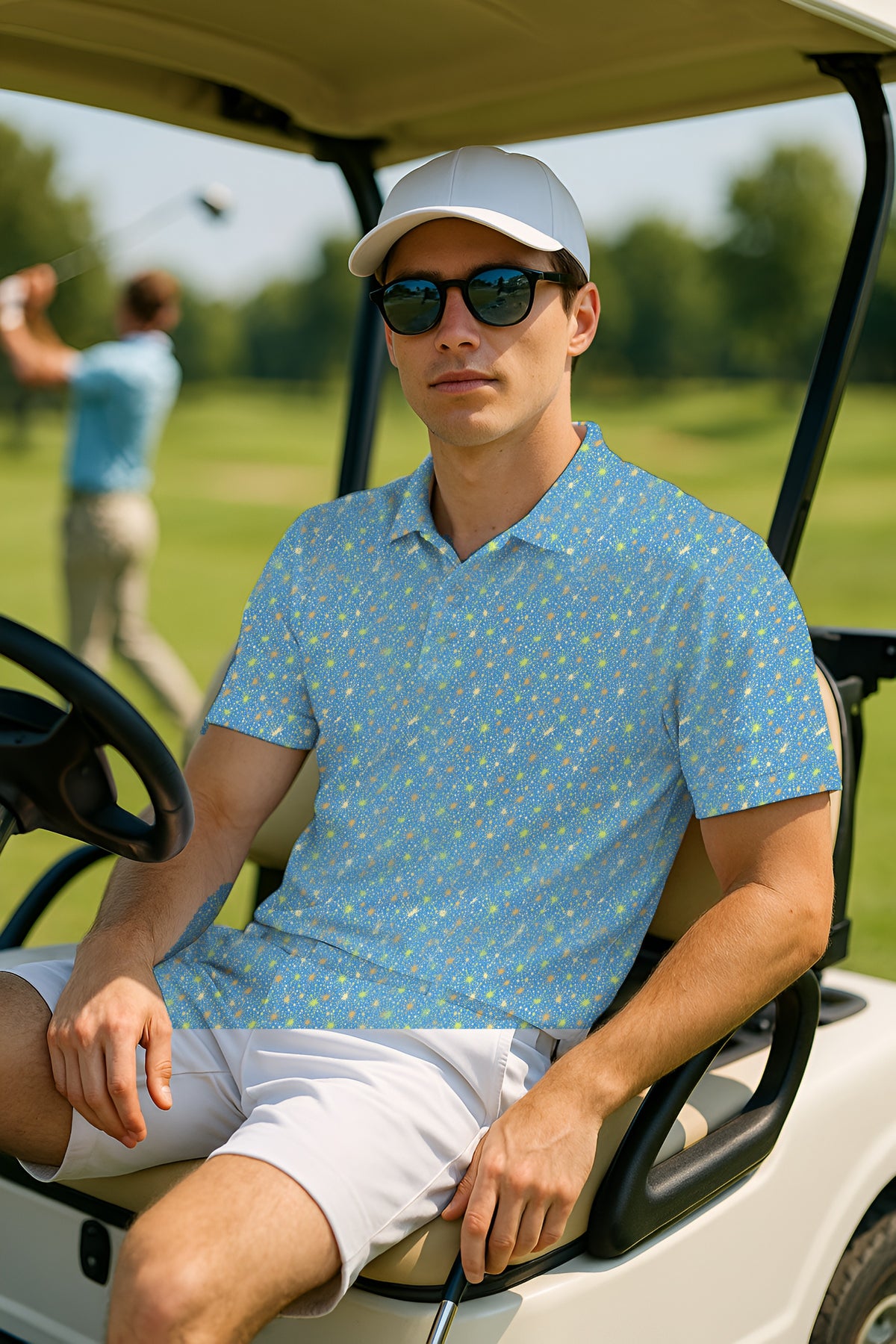 Divot Splatter Performance Print Polo worn on the golf course