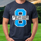 Put Me Down For A Five Varsity Tee worn on the golf course, Navy