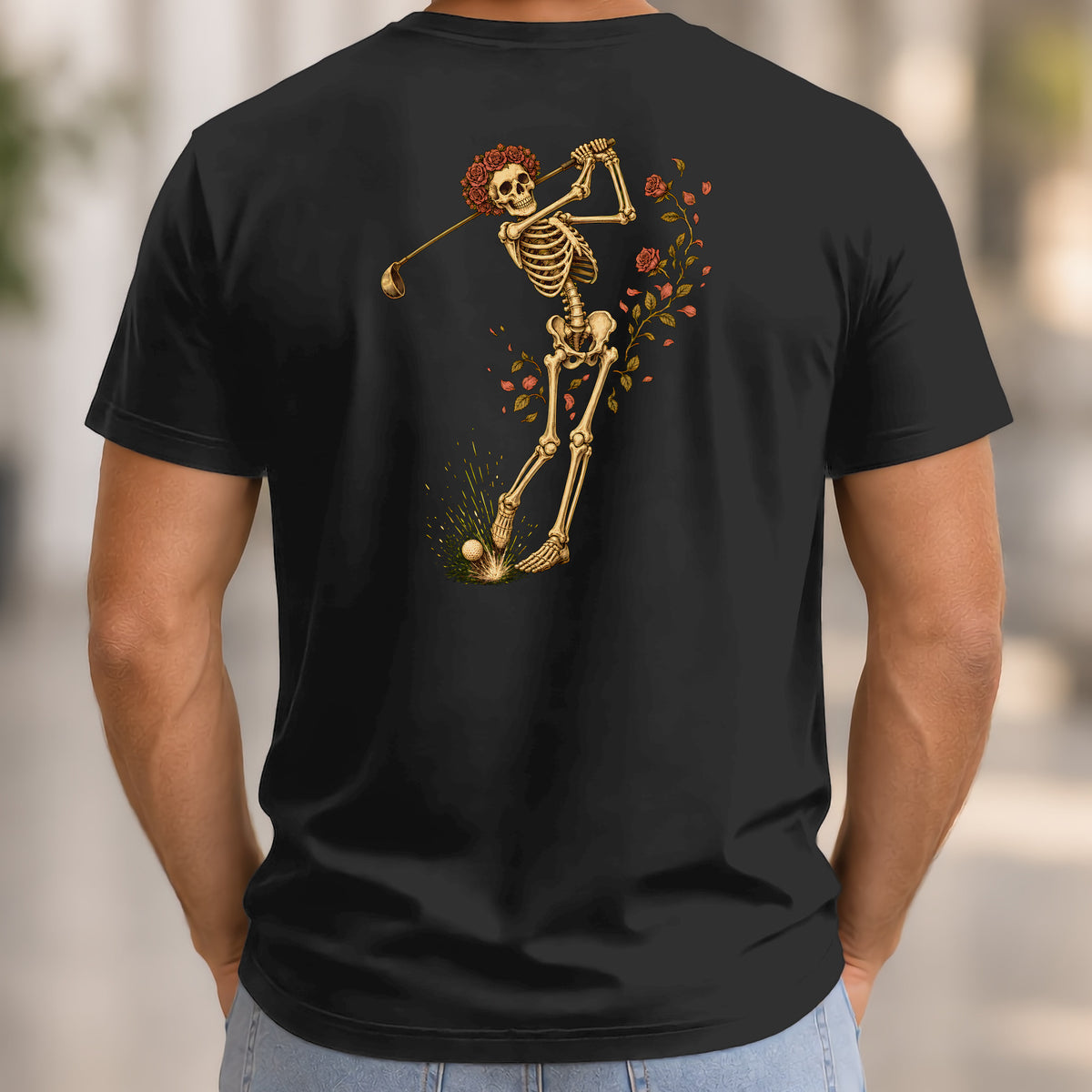 Rose Skeleton Swing Back Print Tee worn, Black