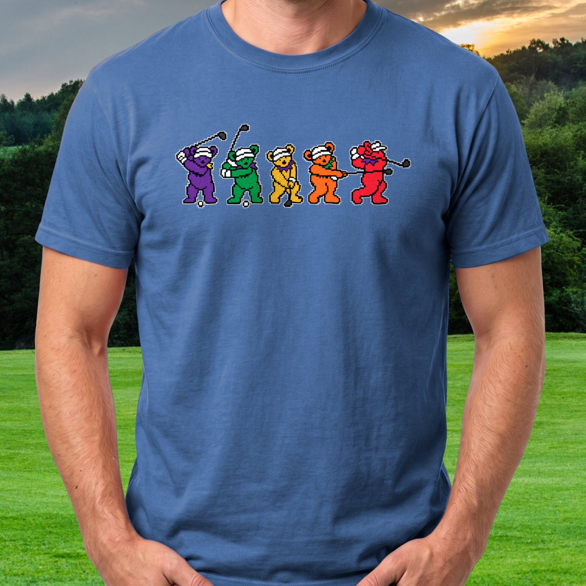 Golf Swing Bears 8-Bit Tee worn on the golf course, Royal