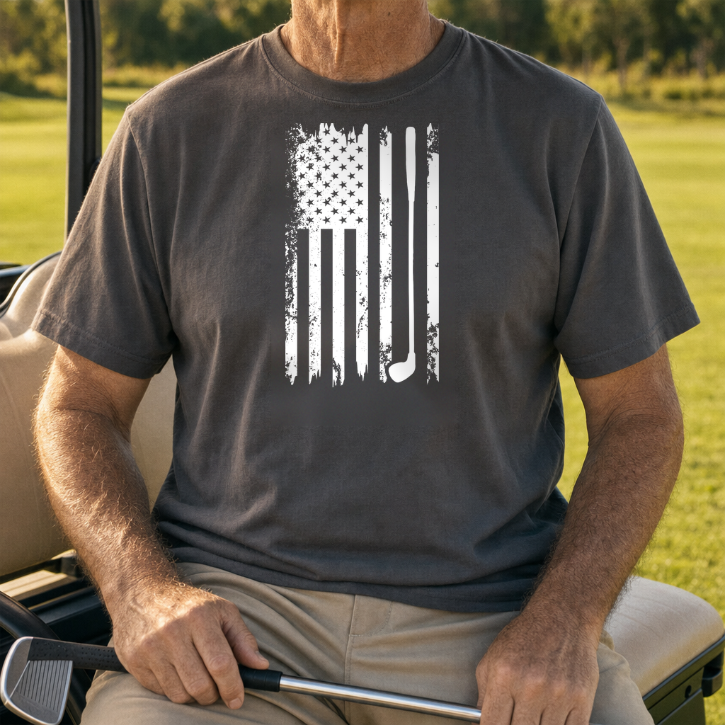 American Flag Club Heavyweight Tee worn on the golf course, Pepper