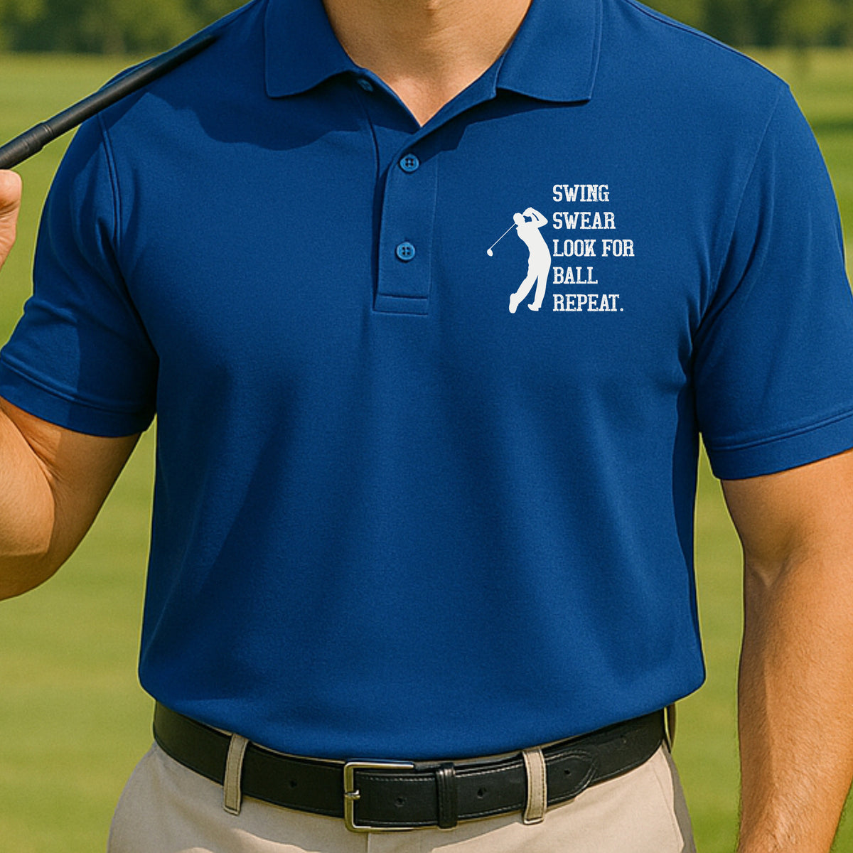 Swing Swear Repeat Performance Polo worn on the golf course, Royal
