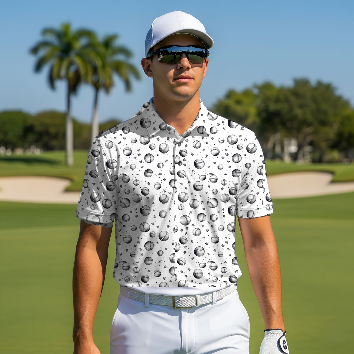 Baseballs Performance Print Polo worn on the golf course