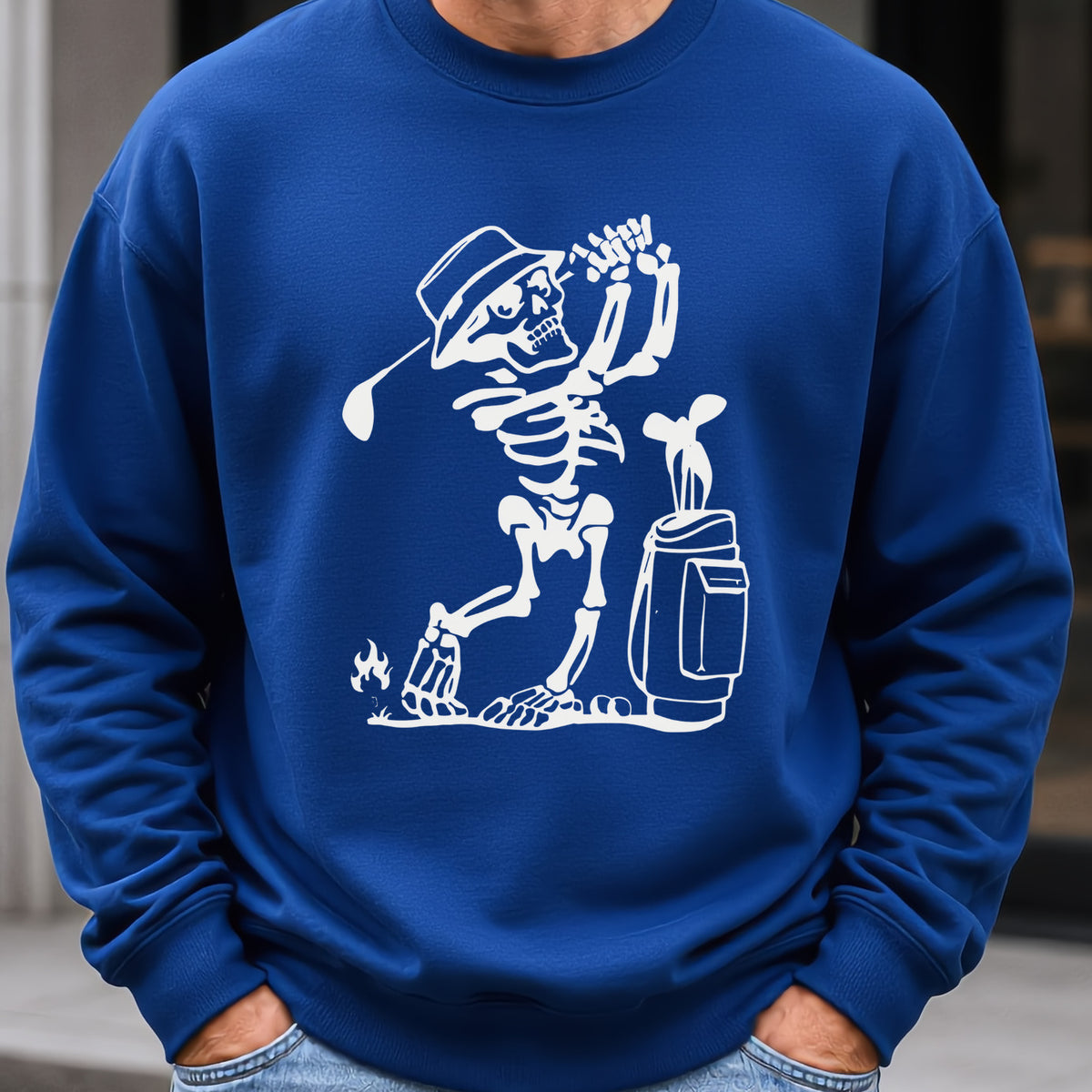 Skeleton Golfing! Sweatshirt worn, Royal