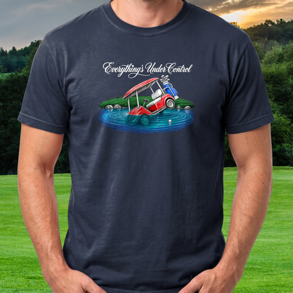 Everything's Under Control, Cart In The Pond Tee worn on the golf course, Navy