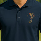Rose Skeleton Swing Performance Polo worn on the golf course, Navy