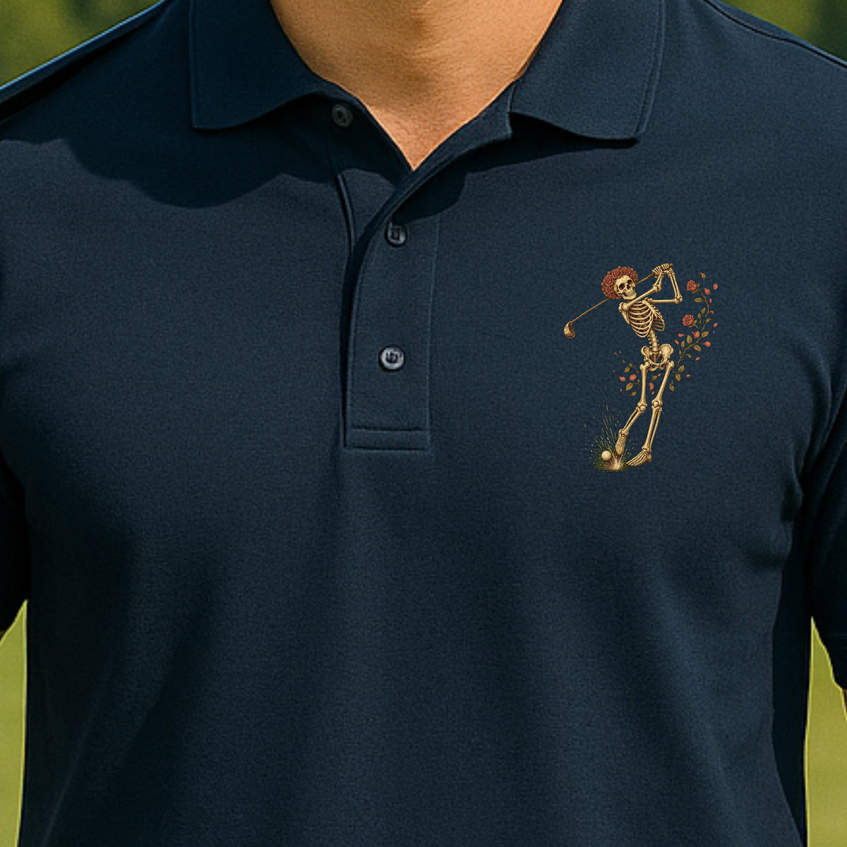 Rose Skeleton Swing Performance Polo worn on the golf course, Navy