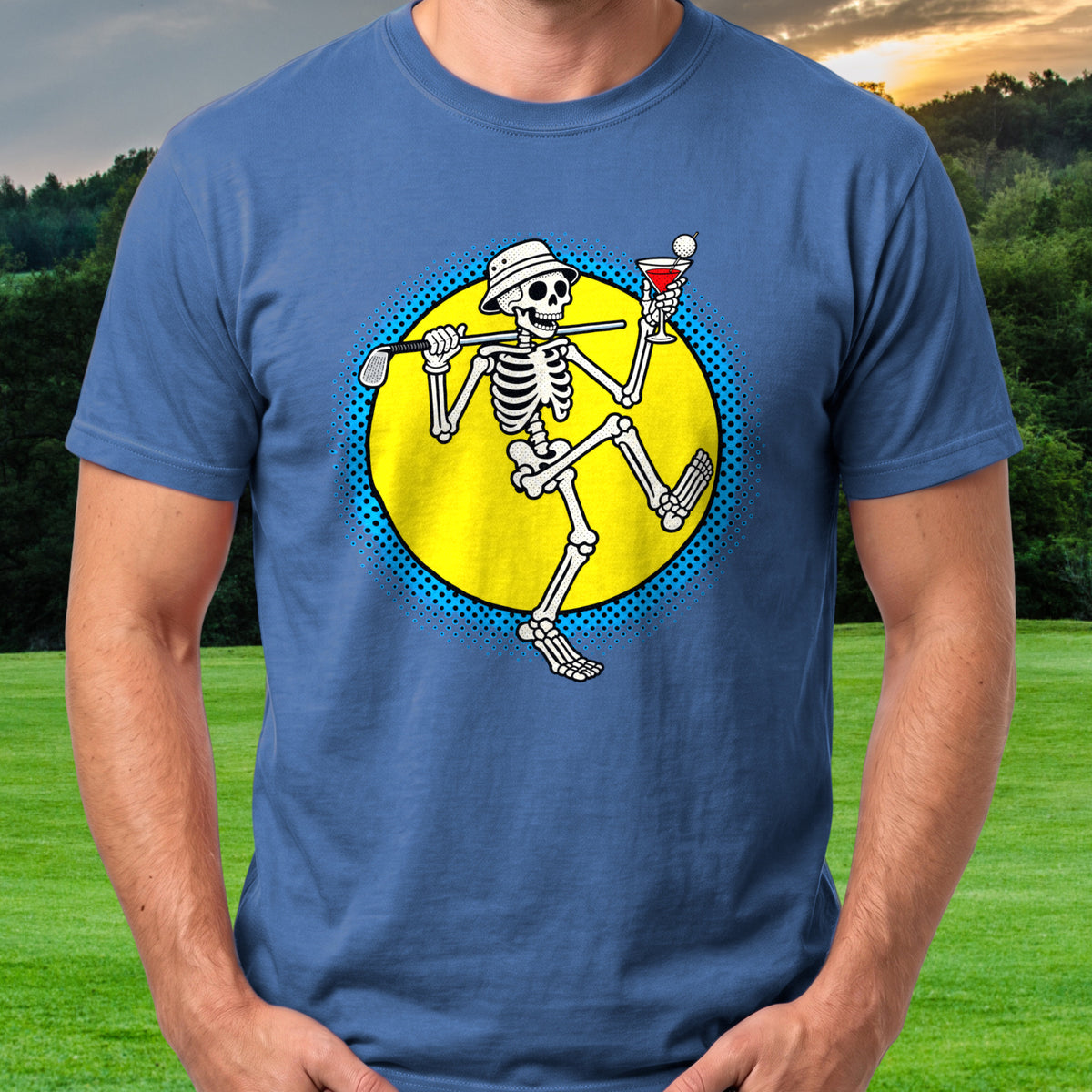Martini Skeleton Strut Pop Art Tee worn on the golf course, Royal