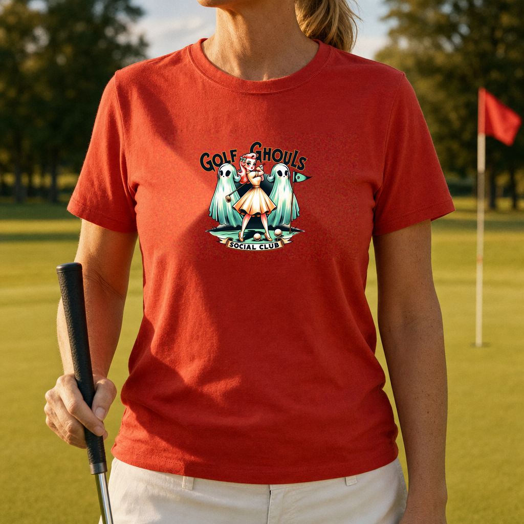 Golf Ghouls Social Club Tee worn on the golf course, Red