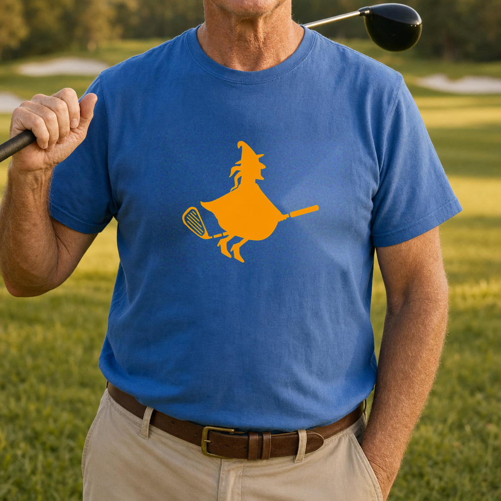 Wicked Slice Tee worn on the golf course, Royal