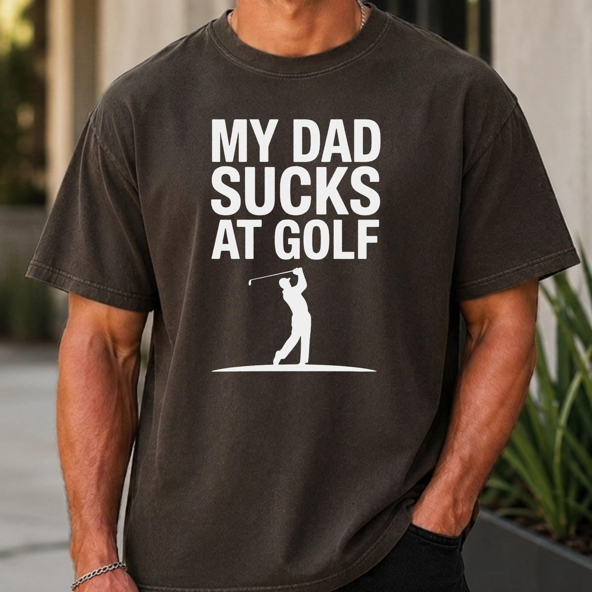 My Dad Sucks At Golf Premium Tee worn, Pepper