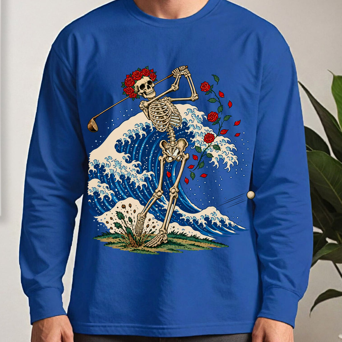 Rose Skeleton Great Wave Long Sleeve Tee worn, Royal