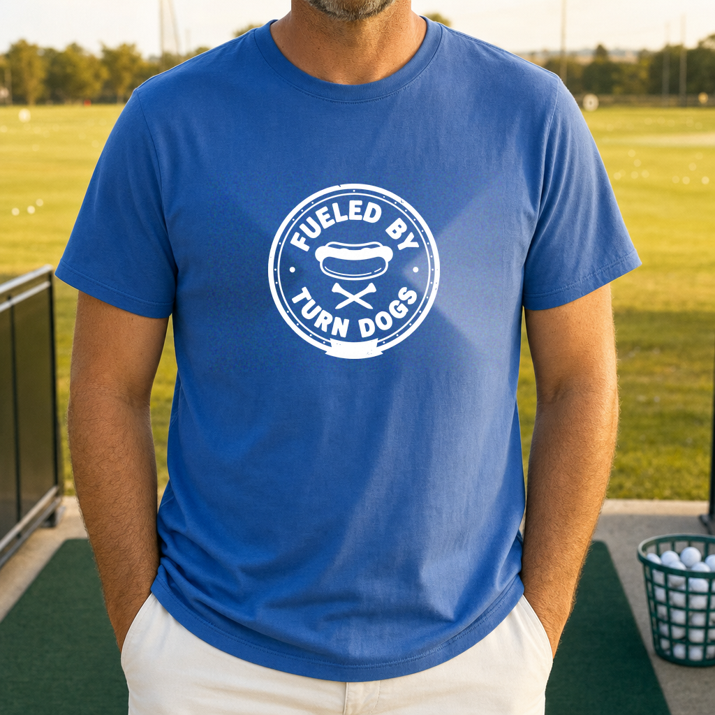 Fueled By Turn Dogs Tee worn on the golf course, Royal
