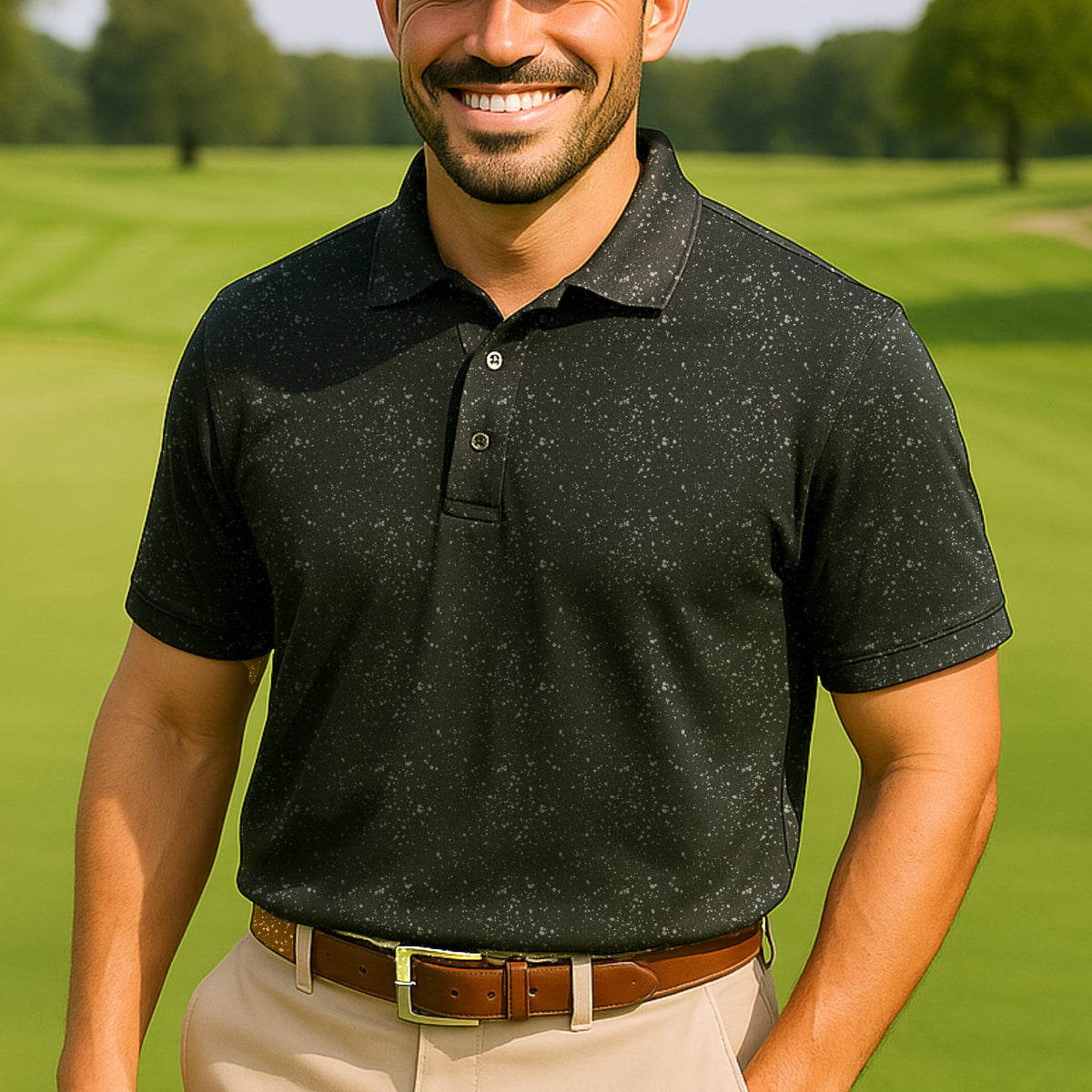 Paint Drops Performance Print Polo worn on the golf course