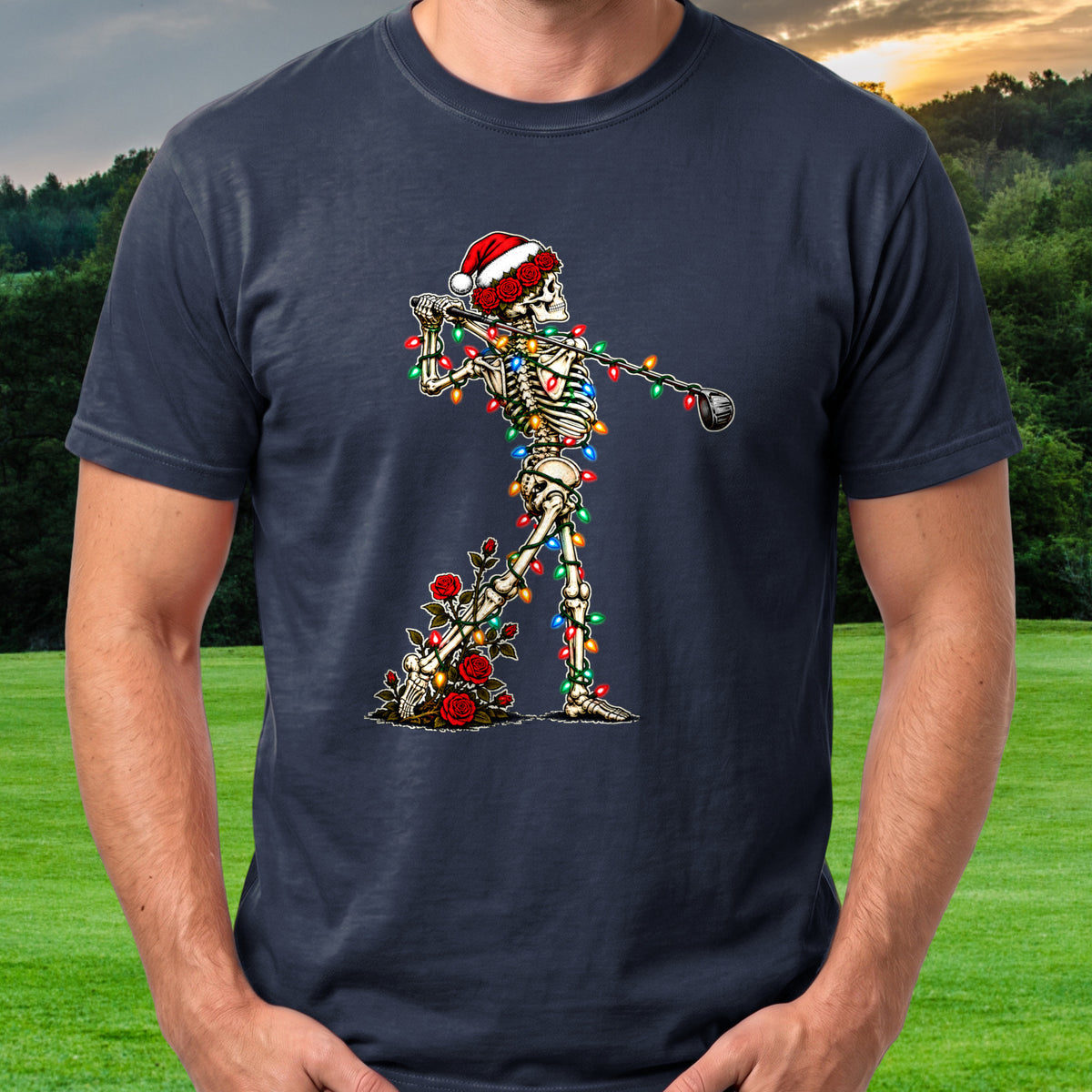 Rose Follow Through Christmas Lights Tee worn on the golf course, Navy