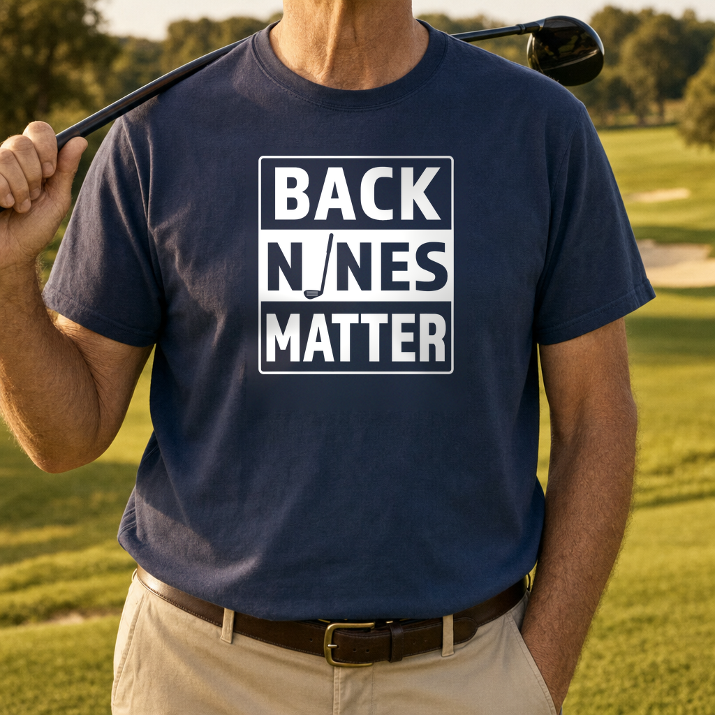 Back Nines Matter Heavyweight Tee worn on the golf course, True Navy