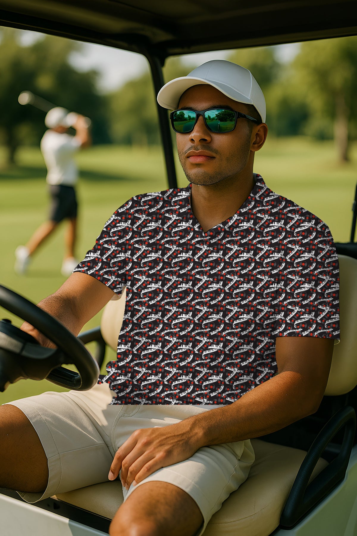 Piano And Vinyl Performance Print Polo worn on the golf course