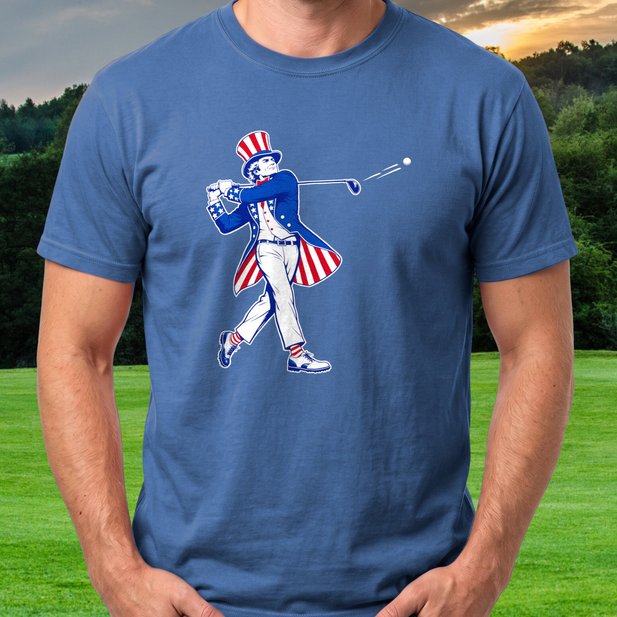 Yankee Doodle Swing, New Pose Axis Tee worn on the golf course, Royal