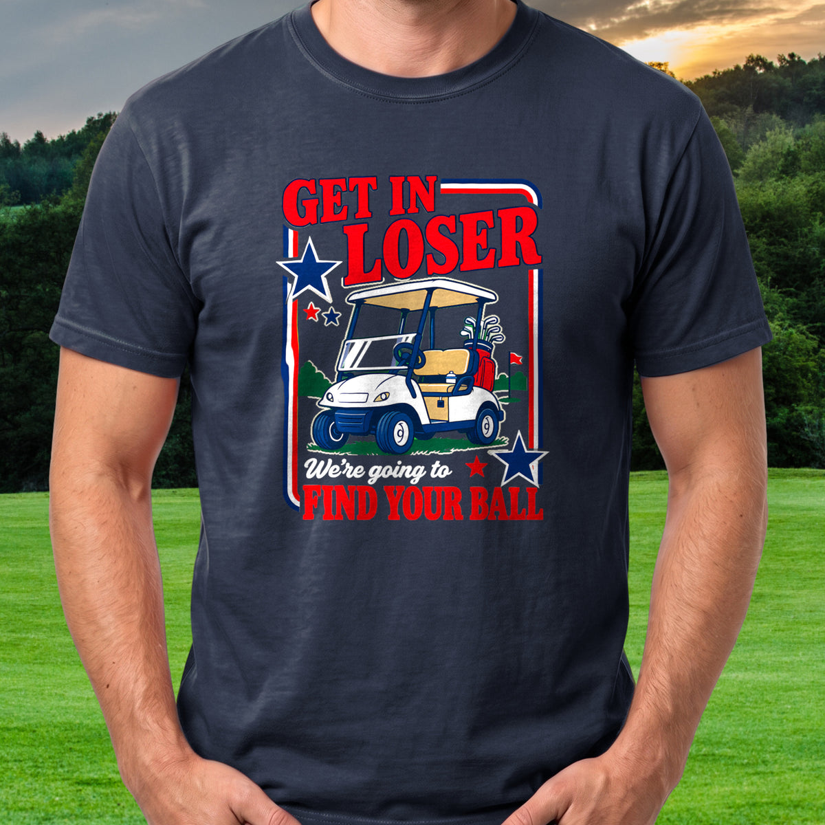 Get In Loser Stars And Stripes Tee worn on the golf course, Navy