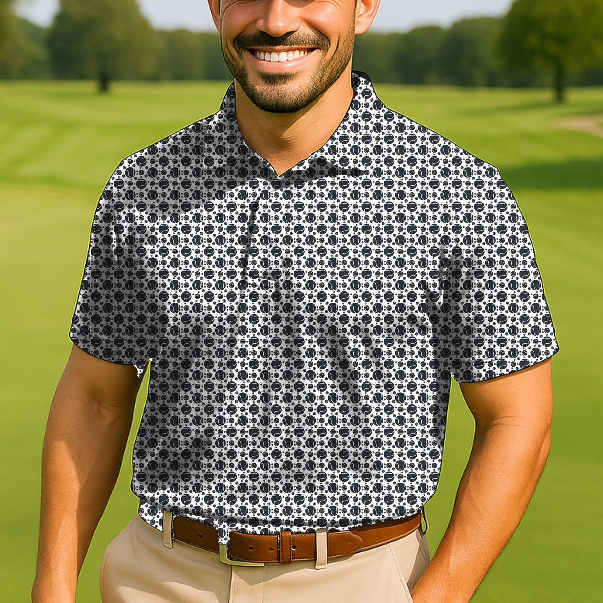 Tennis Balls Performance Print Polo worn on the golf course