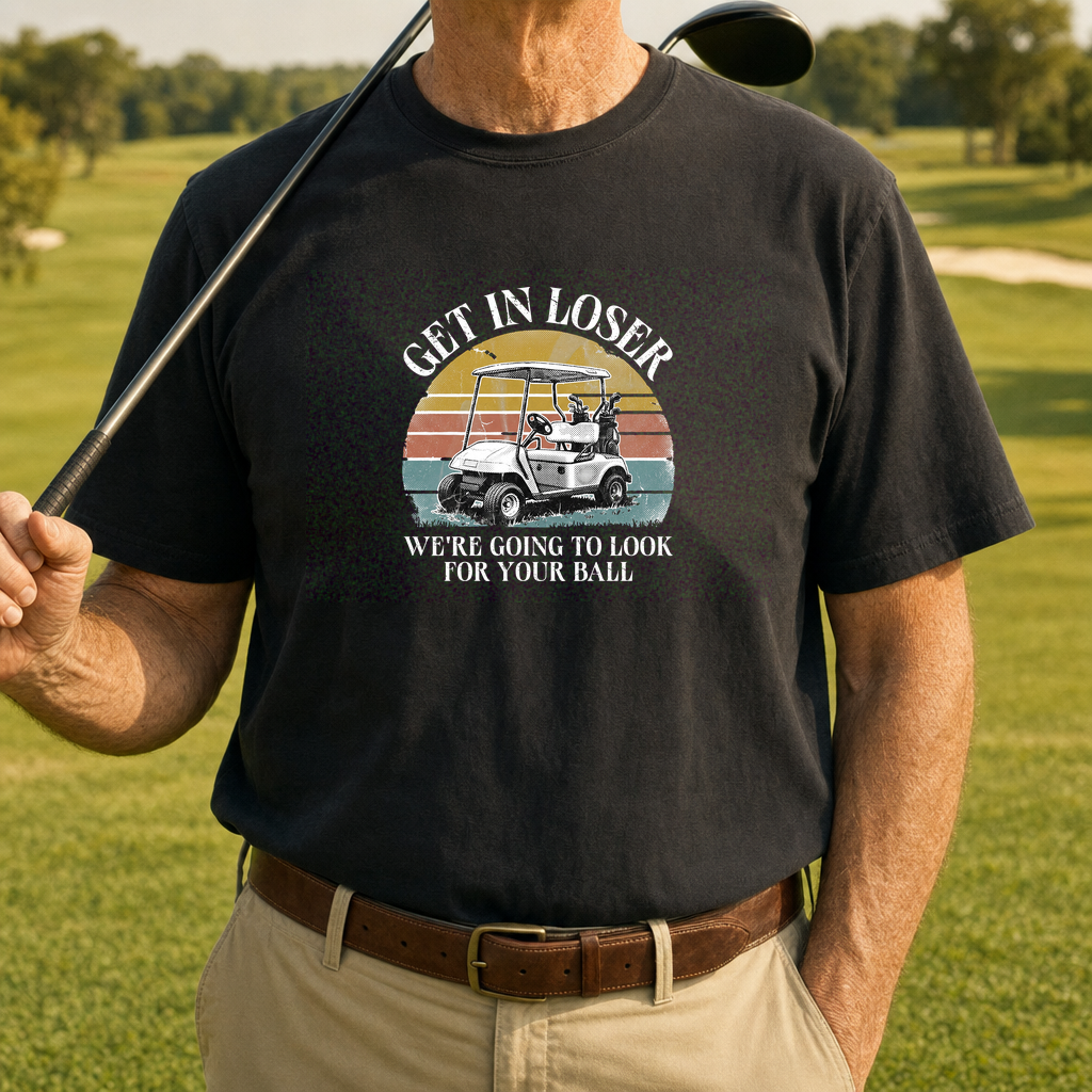 Get In Loser Tee worn on the golf course, Black
