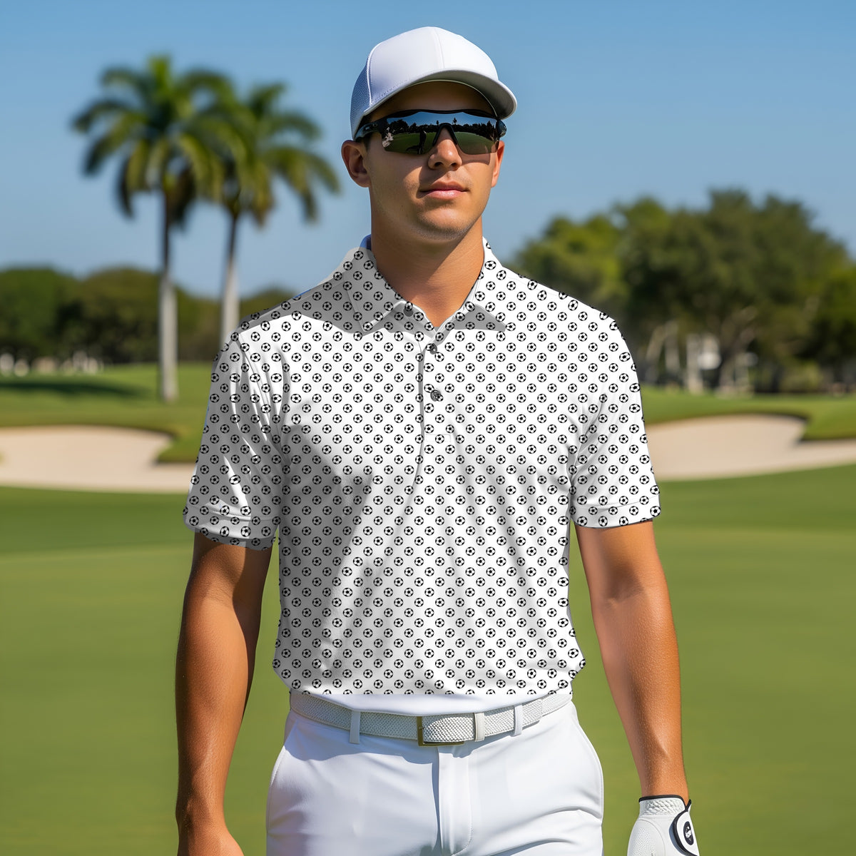 Soccer Balls Performance Print Polo worn on the golf course
