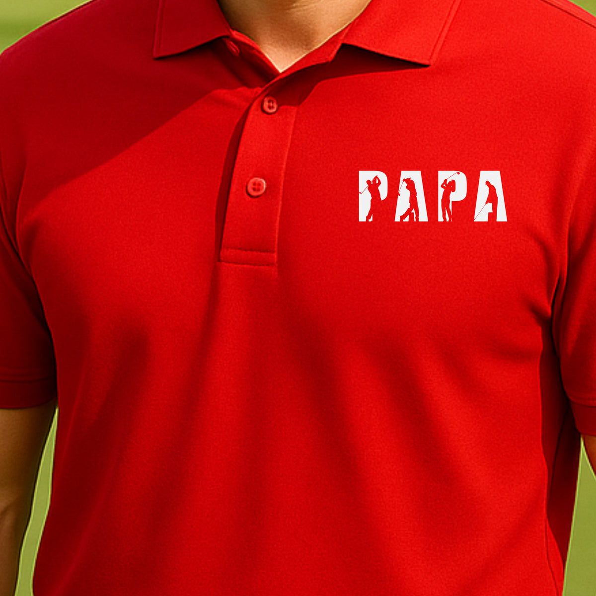 Papa Golfer Performance Polo worn on the golf course, Red