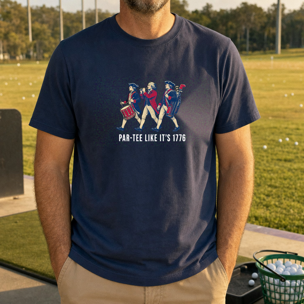 Par-Tee Like Its 1776 Tee worn on the golf course, Navy