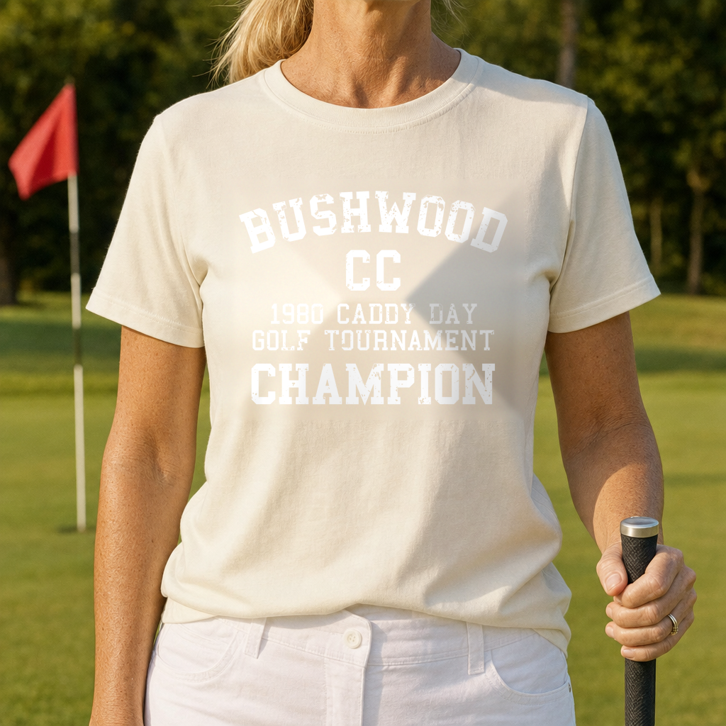 Bushwood Caddy Day Champion Heavyweight Tee worn on the golf course, Ivory