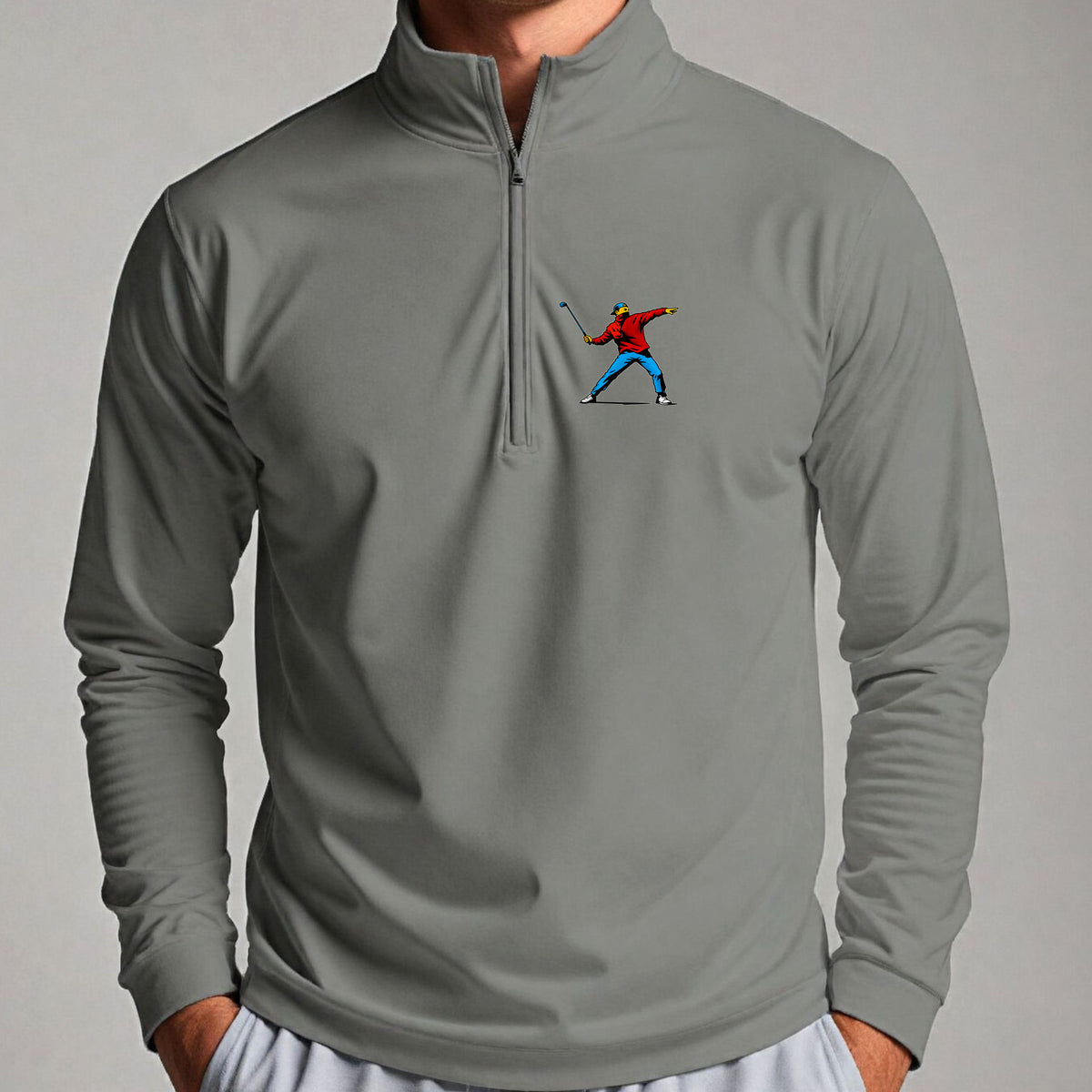 Club Thrower Pop Art Quarter Zip worn, Sport Grey