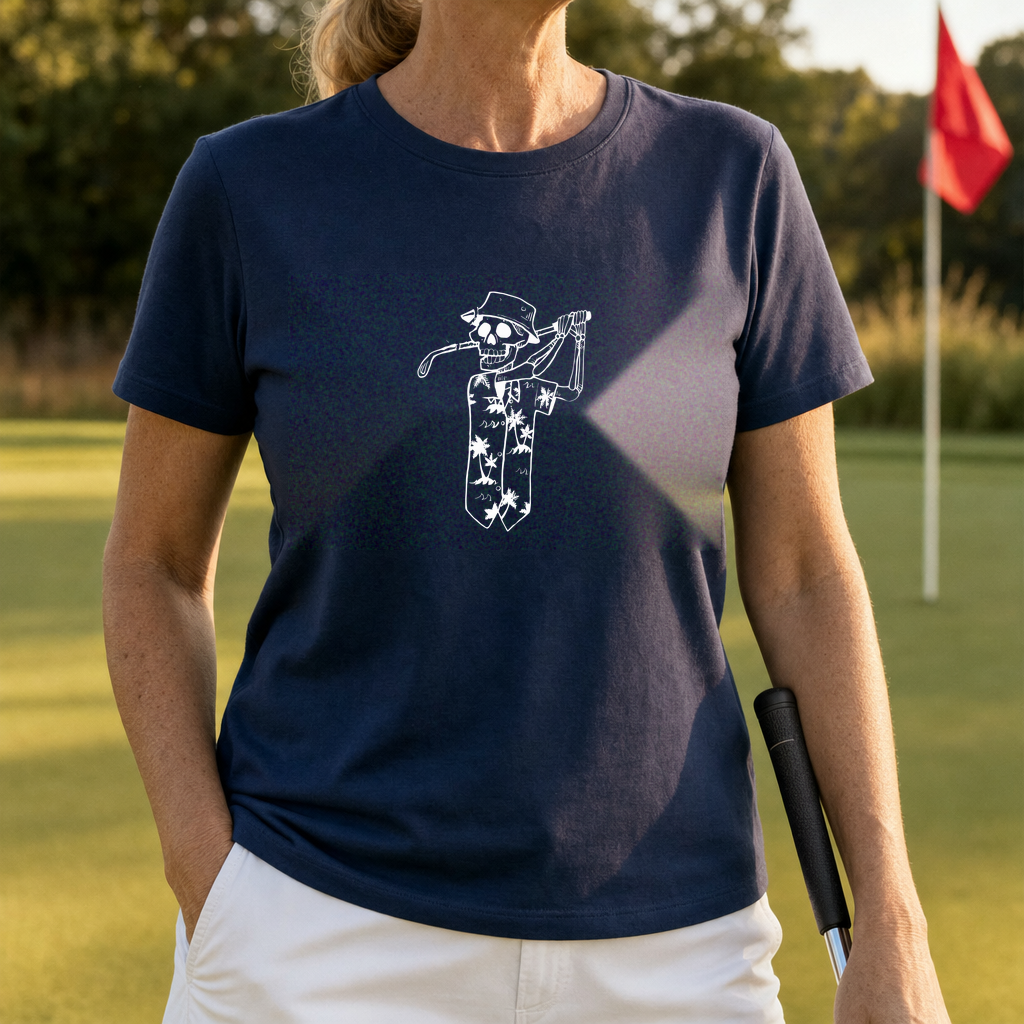Tropical Skeleton Tee worn on the golf course, Navy