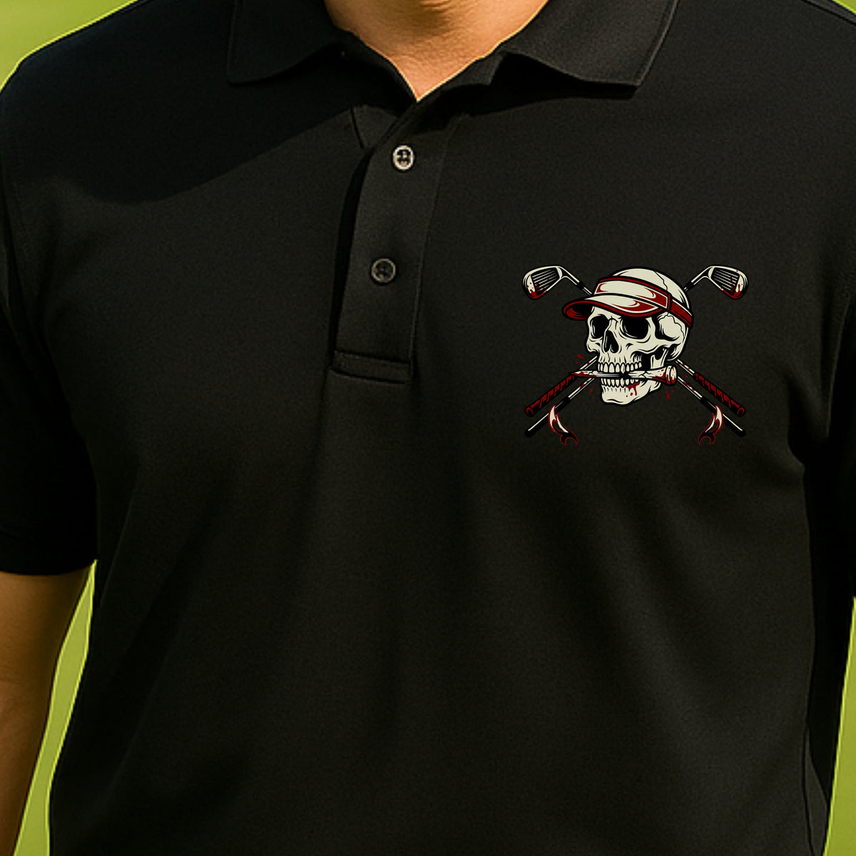 Skull and Cross Clubs Color Performance Polo worn on the golf course, Black
