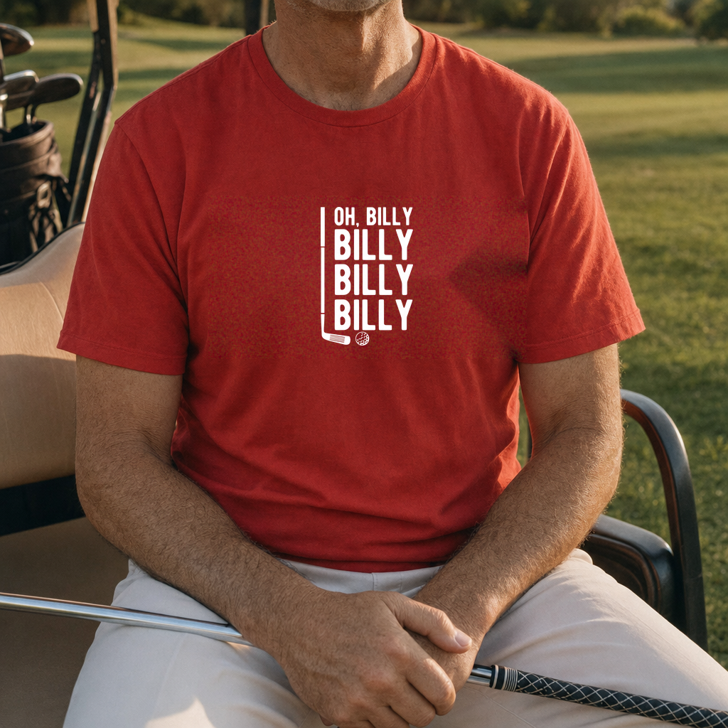 Billy Billy Billy Tee worn on the golf course, Red