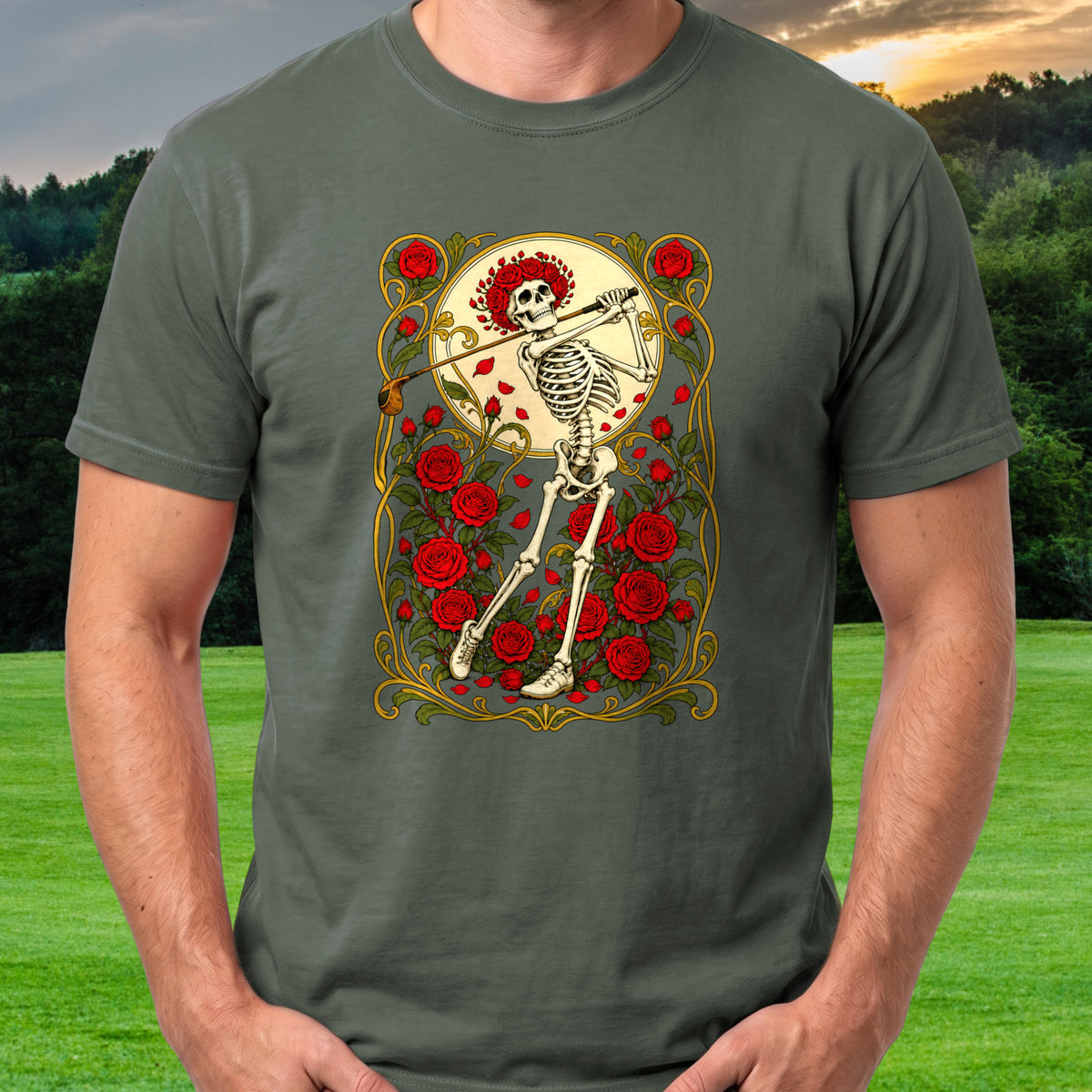 Swing Eternal Art Nouveau Tee worn on the golf course, Military Green
