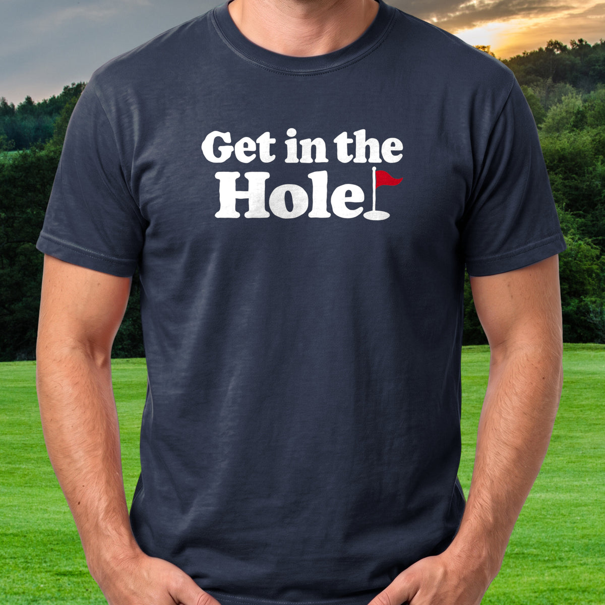 Get In The Hole Tee worn on the golf course, Navy