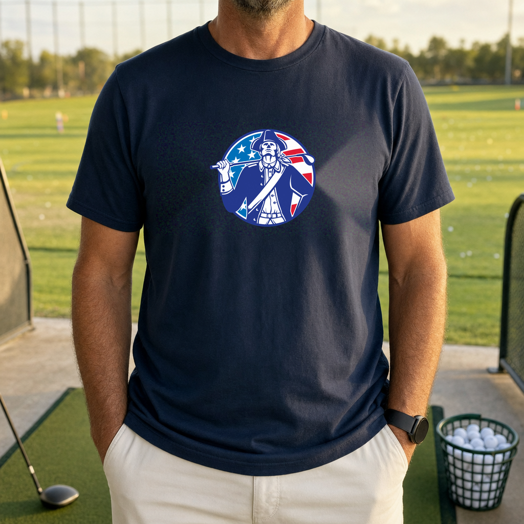 Patriot Golfer Crest Tee worn on the golf course, Navy